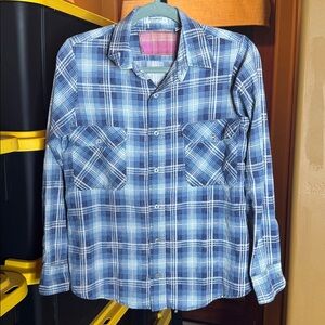 Vintage Sears Perma-Prest Blue Plaid Flannel Button-Up Shirt Size Large Tall